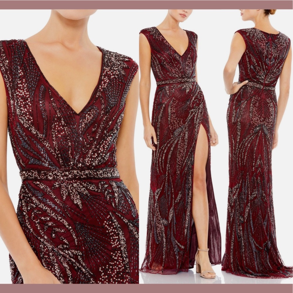 NWT $598 Mac Duggal [ 12 ] Intricate Beaded V-Neck High Slit Gown Burgundy‎ Red